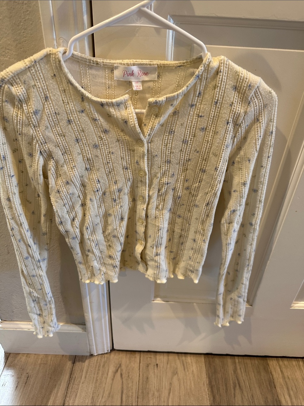 Pink Rose Cream Cardigan with Blue Floral Detail